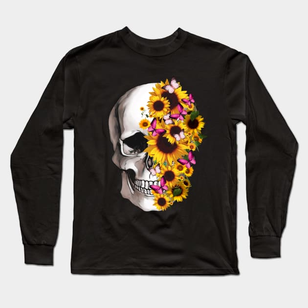 Sage Tribe Skull With sunflowers Long Sleeve T-Shirt by Collagedream